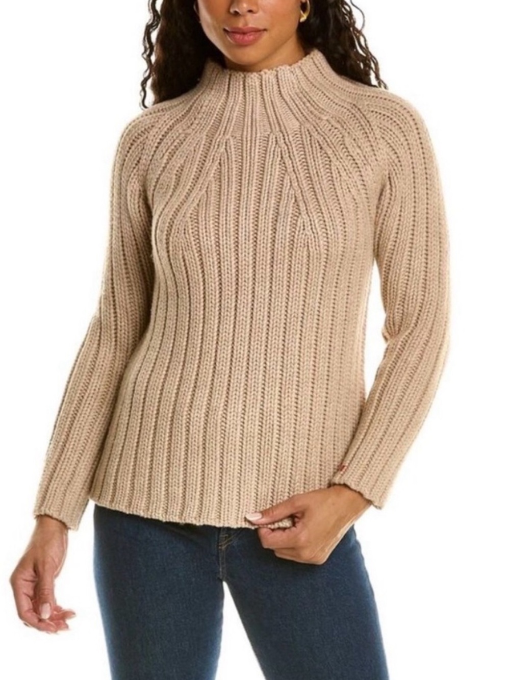 France’s Valentine Size Medium Shelby Beige Ribbed Funnel Neck Wool Knit Sweater